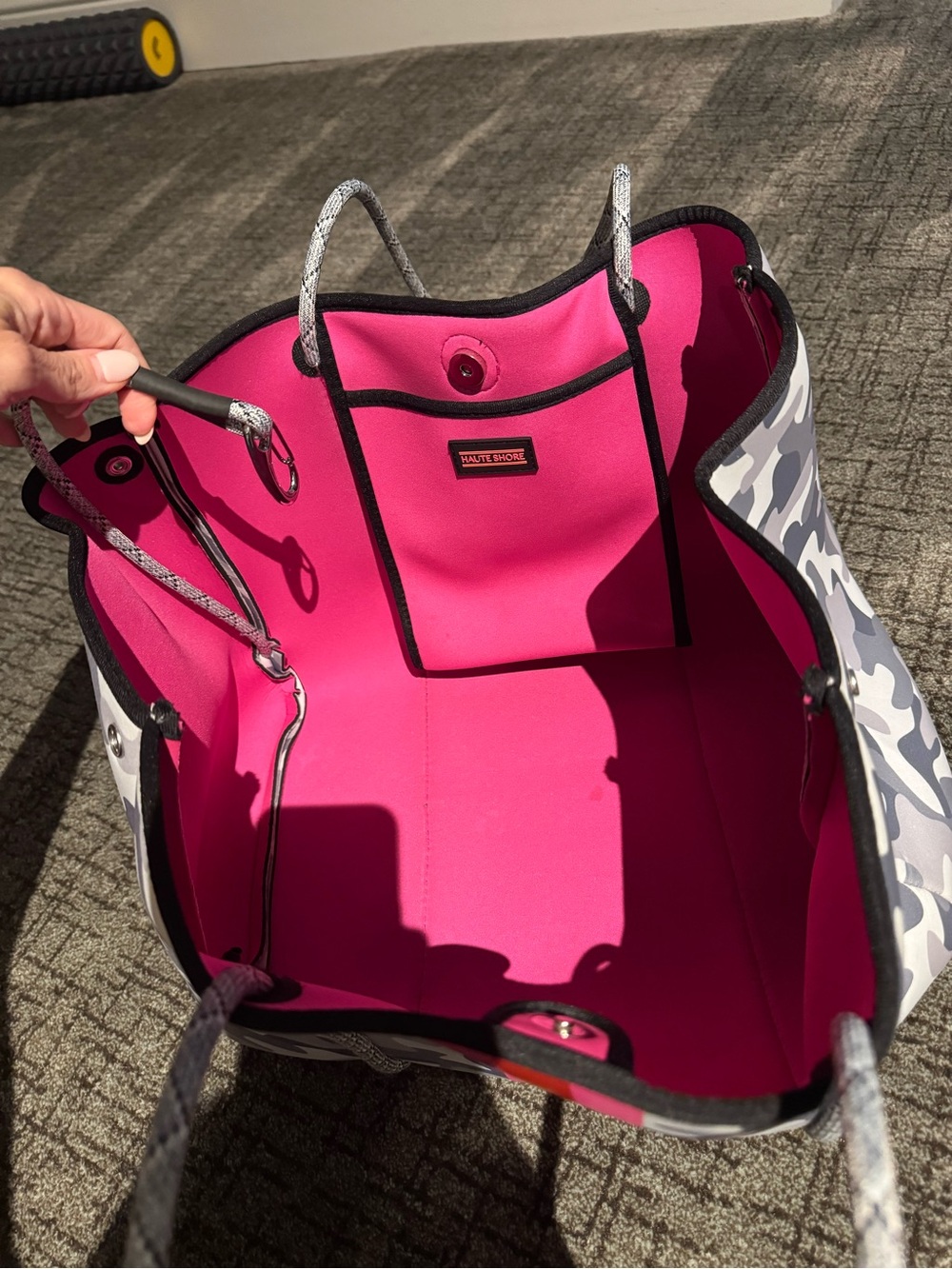 HAUTE SHORE Gray Camo Tote with Pink & Red Center Stripes with matching wristlet - Picture 5 of 6